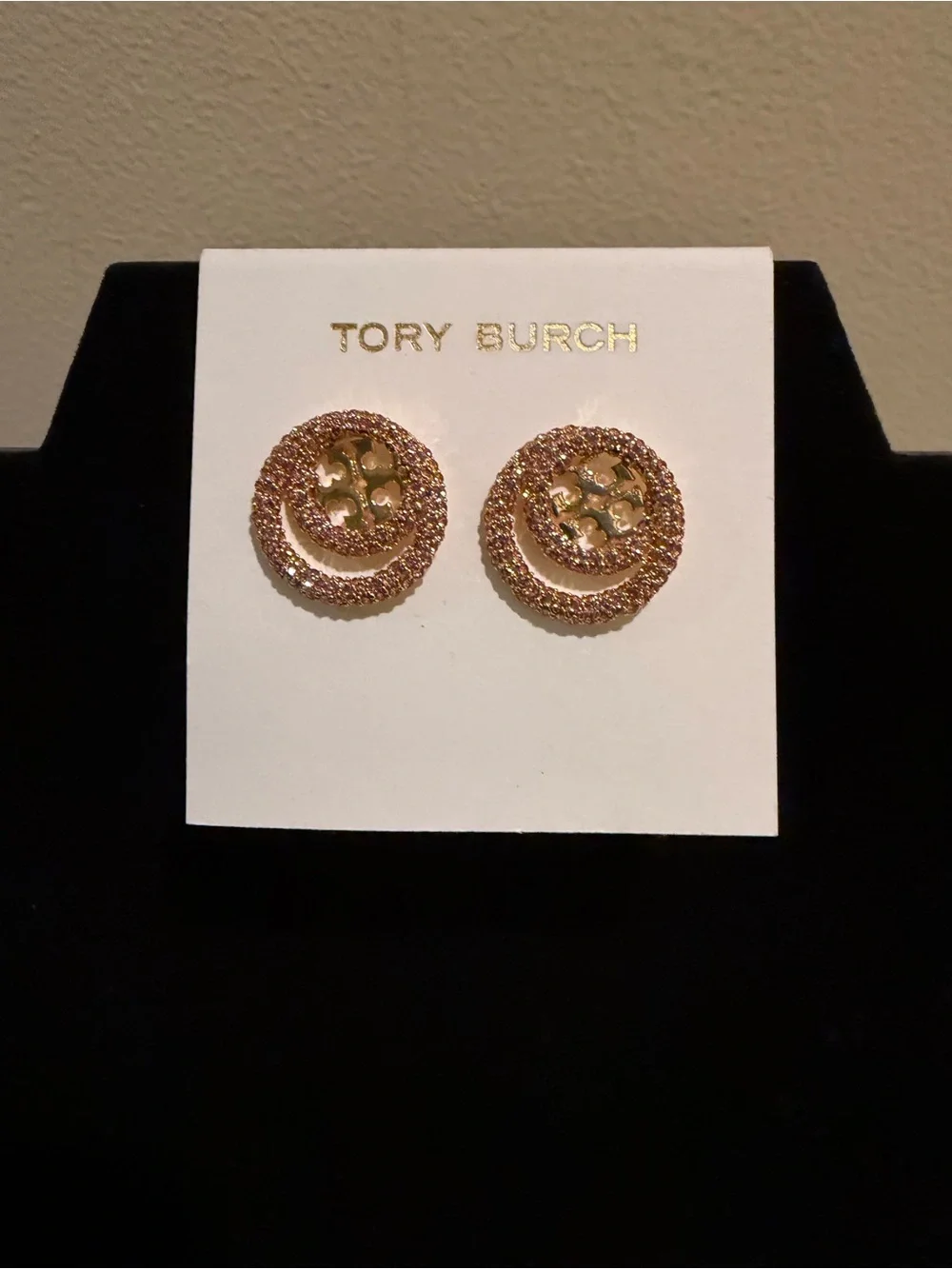 Tory Burch Rose Gold Glitter Logo Stud Earrings